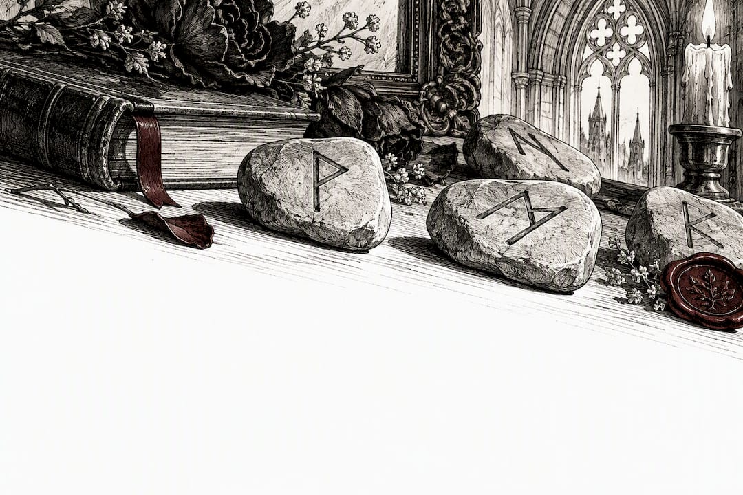 Partial rune stones beside an antique frame