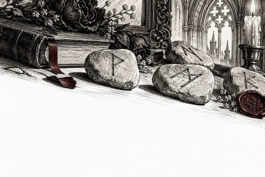 Partial rune stones beside an antique frame