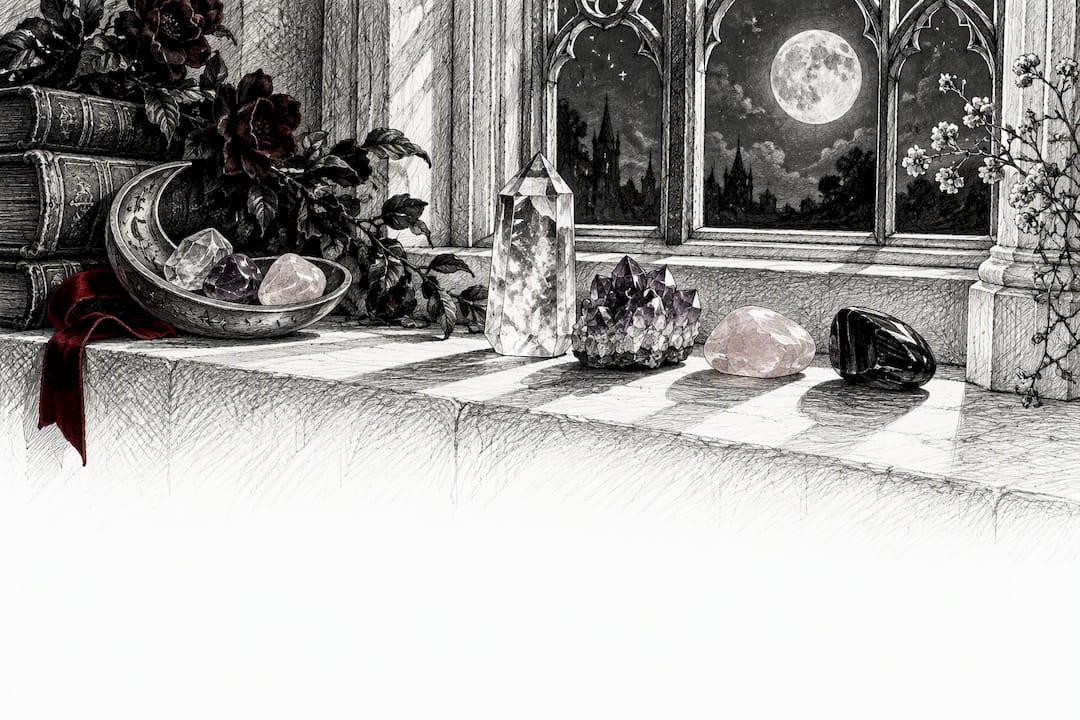 Crystals resting in moonlight by gothic window
