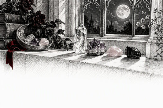 Crystals resting in moonlight by gothic window