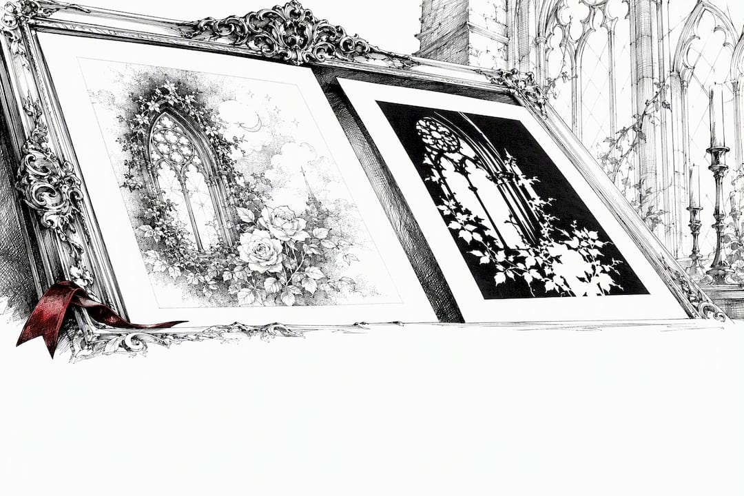 Ink and paper comparison in gothic frame