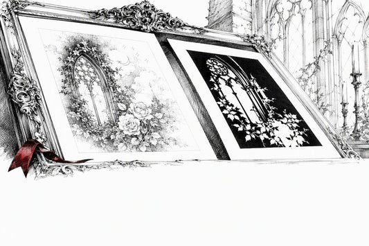 Ink and paper comparison in gothic frame
