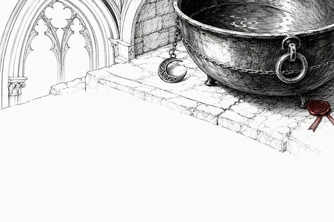 Cropped cauldron beside ritual hearth