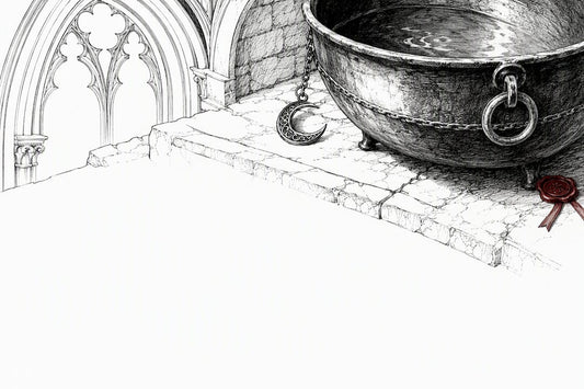 Cropped cauldron beside ritual hearth