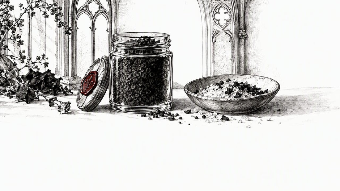 Jar of black salt beside salt and charcoal