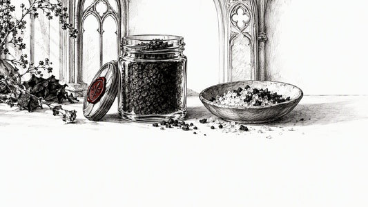 Jar of black salt beside salt and charcoal