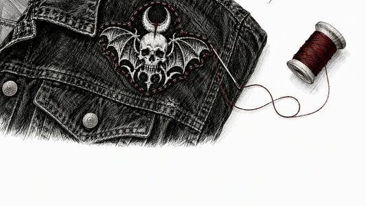 Sewn patch, needle, and thread on denim