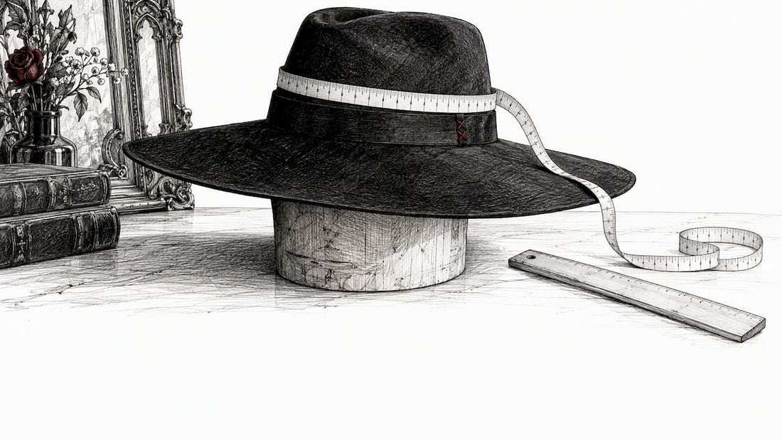Wide-brim hat with measuring tape around crown