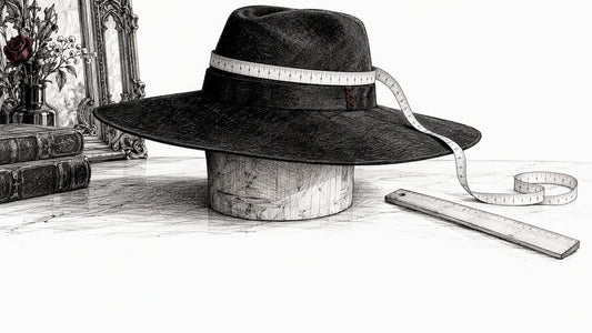 Wide-brim hat with measuring tape around crown