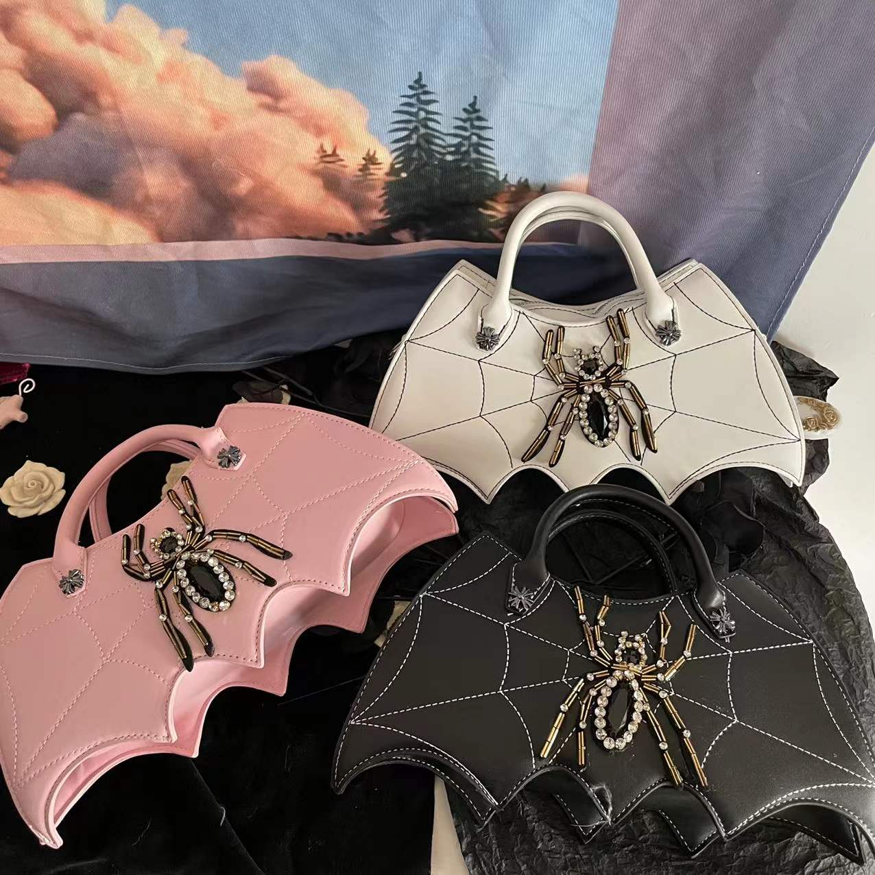 Gothic Vintage Tote with Bat and Spider Web Design