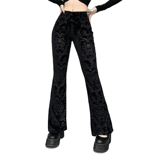 Black Flocked Velvet Flare Pants