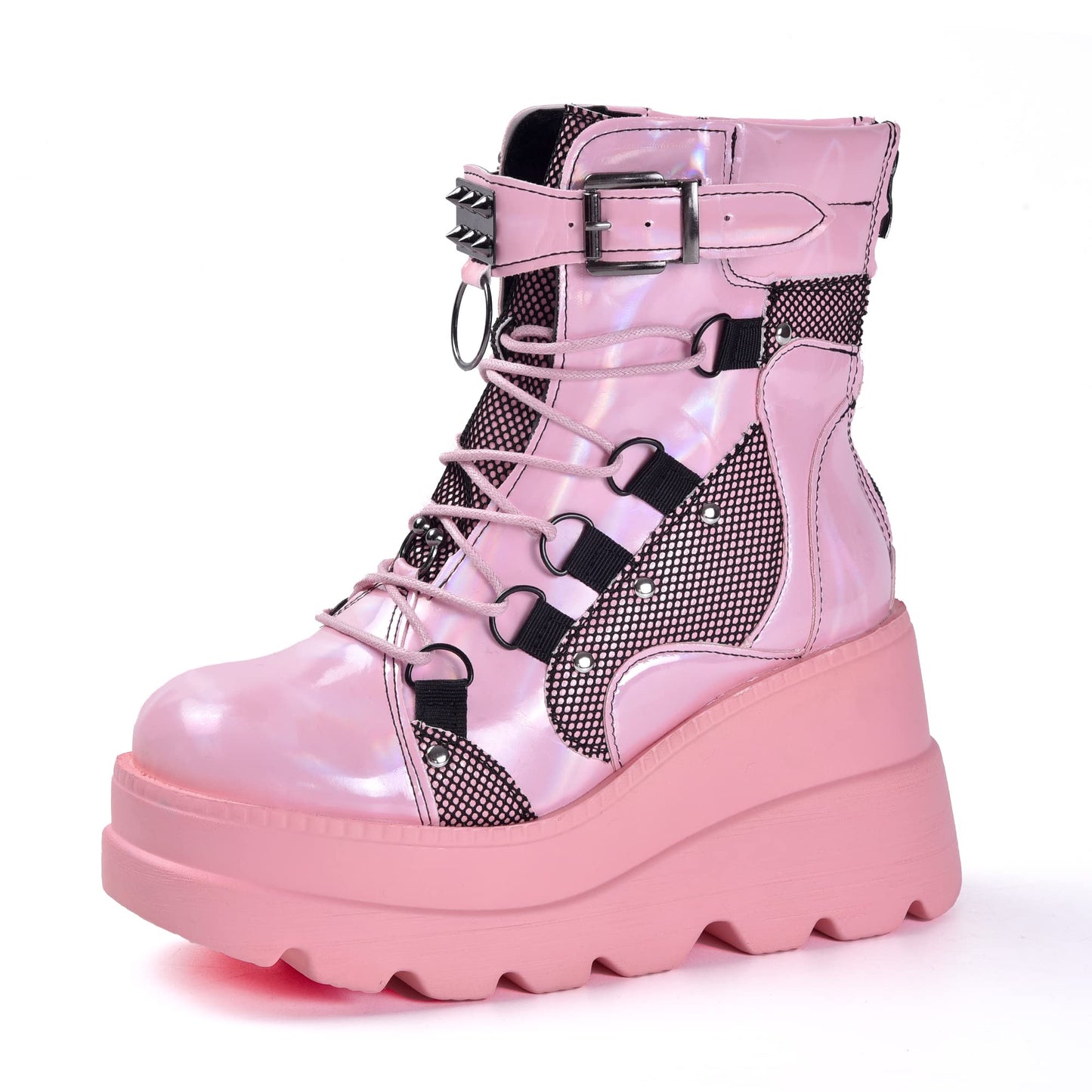 Gothniero Pink Gothic Holographic Platform Boots for Women Goth Chunky Heel Wedge Booties Combat Ankle Boots with Metal Deco Side Zip Lace Up US5.5-US11
