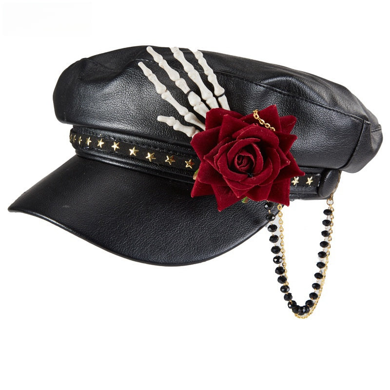 Gothic Steam Punk Rose Bead Necklace and Skull Cap