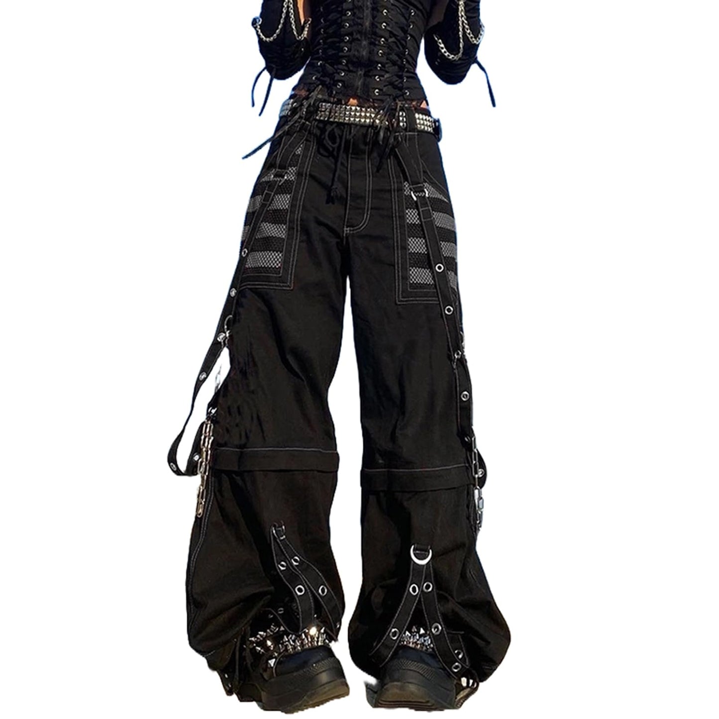 Kodaruber Women Vintage Goth Hip Hop Jeans Punk High Waisted Baggy Bootcut Jeans Strap Chain Striped Wide Leg Denim Pants(WhiteSmall)
