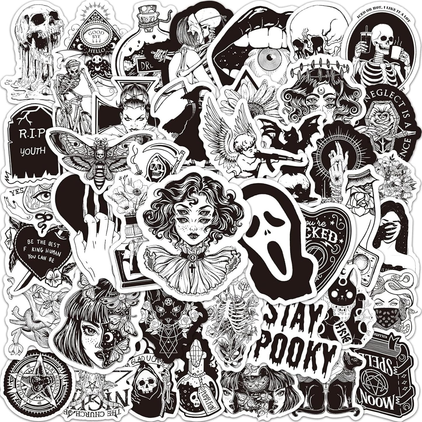 ZyvSyldrin 50PCS Goth Stickers for Water Bottles Black White Gothic Stickers Waterproof Vinyl Decals for Laptop Scrapbook Suitcase Skateboard Snowboard Luggage