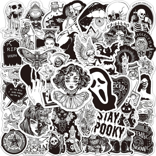 ZyvSyldrin 50PCS Goth Stickers for Water Bottles Black White Gothic Stickers Waterproof Vinyl Decals for Laptop Scrapbook Suitcase Skateboard Snowboard Luggage