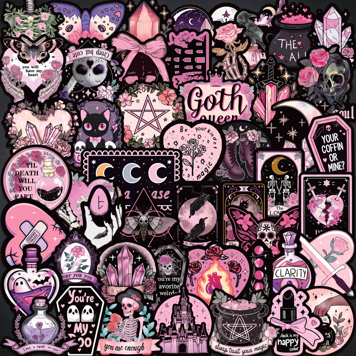 50PCS Anime Gothic Stickers Waterproof Vinyl Skull Decal Pink Goth Stickers for Water Bottle Kindle Laptop Skateboard Luggage Bicycle Aesthetic Graffiti Witch Stickers for Teens Adults