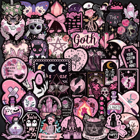 50PCS Anime Gothic Stickers Waterproof Vinyl Skull Decal Pink Goth Stickers for Water Bottle Kindle Laptop Skateboard Luggage Bicycle Aesthetic Graffiti Witch Stickers for Teens Adults