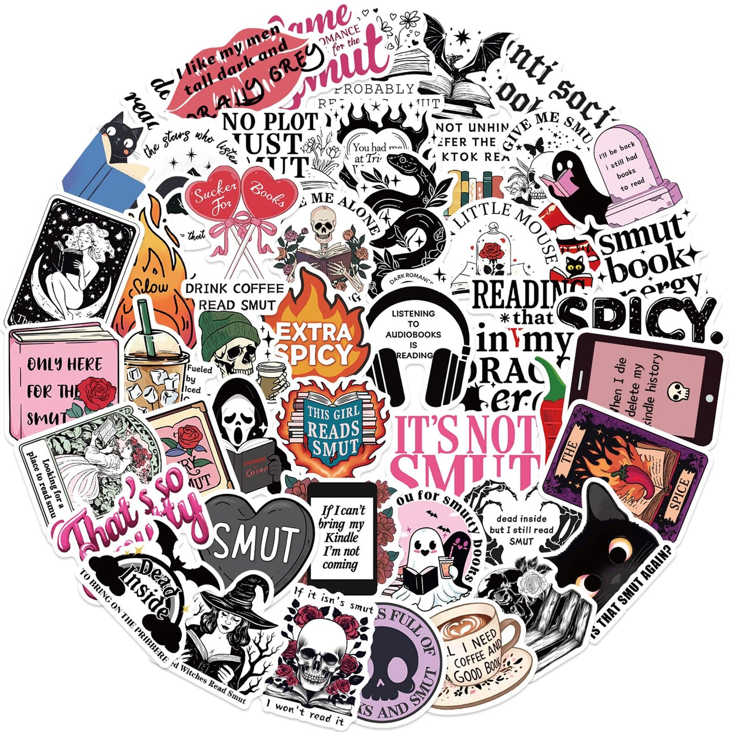 50PCS Smutty Book Stickers for Kindle AdultBookish Smut Reading Booktok Dark Romance Case Journal Water Bottle Sticker Spicy Lover Gift Funny Aesthetic Pink Laptop Phone Decal Decor (Bookish)