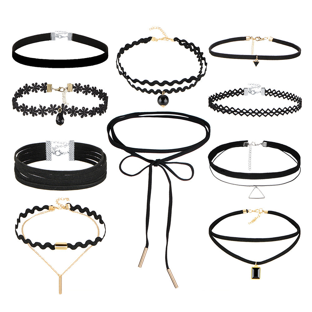 Gothic Minimalist Choker Necklace Set with Lace