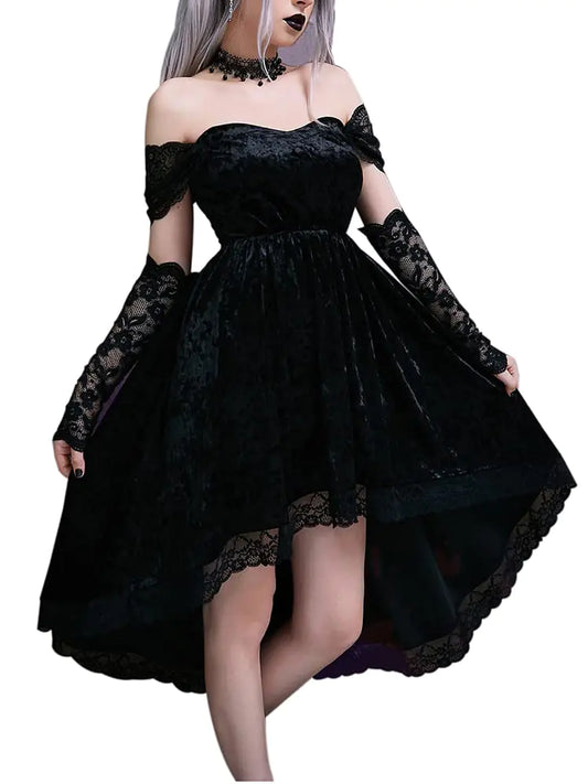 Nocturne Velvet Lace Off Shoulder High Low Dress