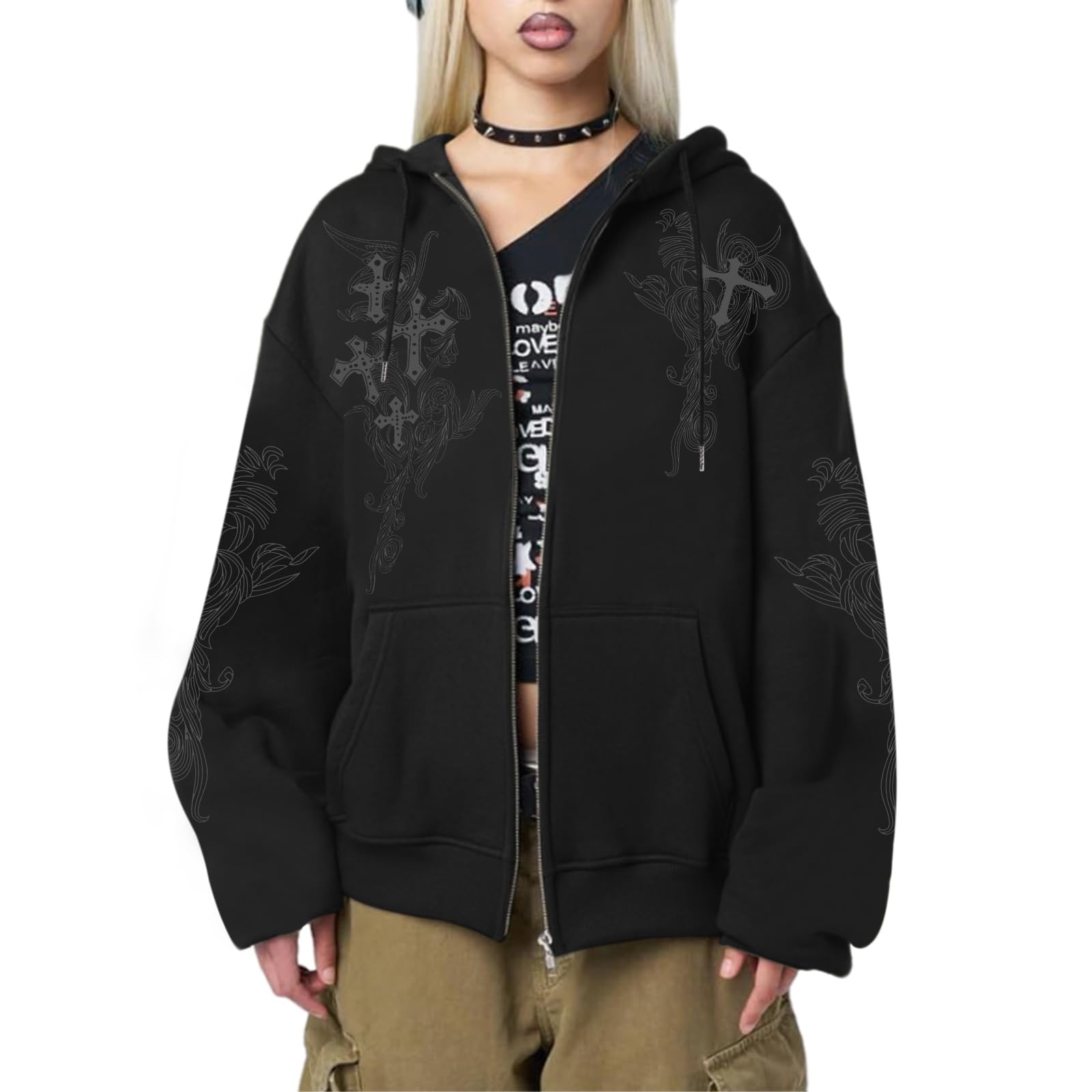 Black zip up hoodie with grunge cross graphic print