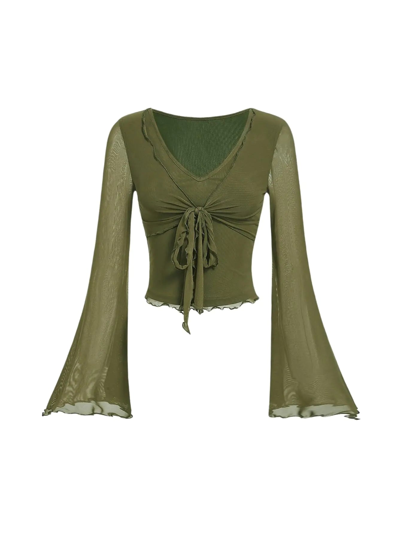 Olive Sheer Bell Sleeve Tie Front Top