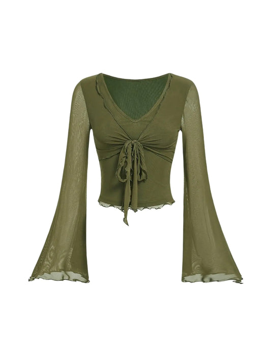 Olive Sheer Bell Sleeve Tie Front Top