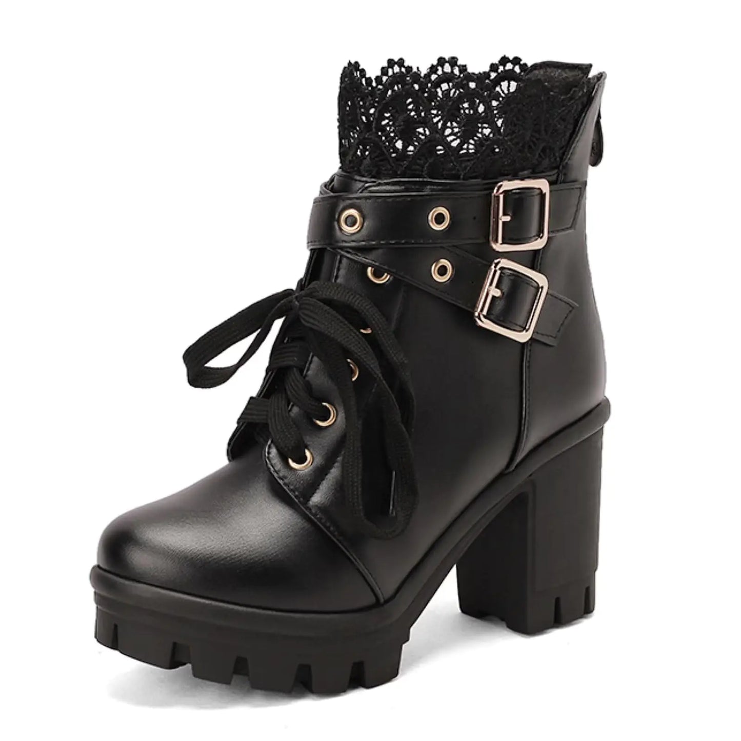 Lace Trim Platform Ankle Boots with Buckles