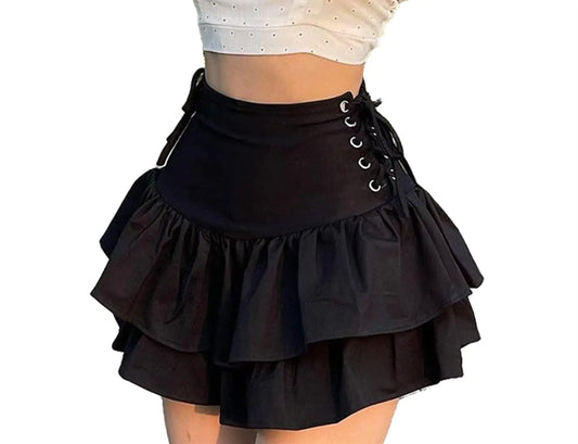 Black Lace Up Ruffle Mini Skirt