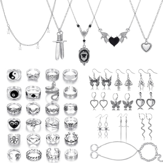 Vintage Silver Tone Punk Goth Jewelry Set, 39 Piece Assortment