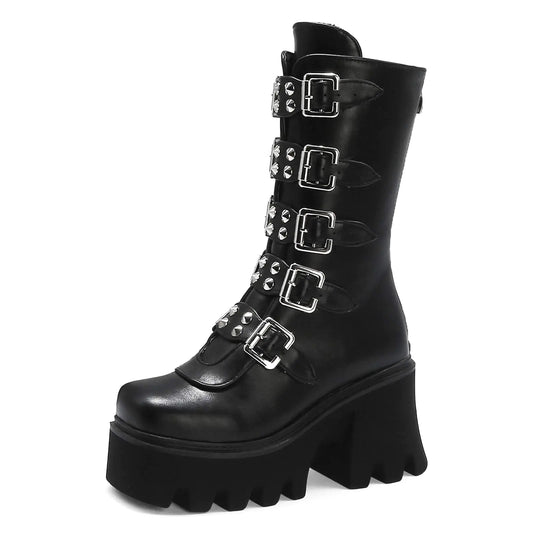 Studded Buckle Platform Mid Calf Boots