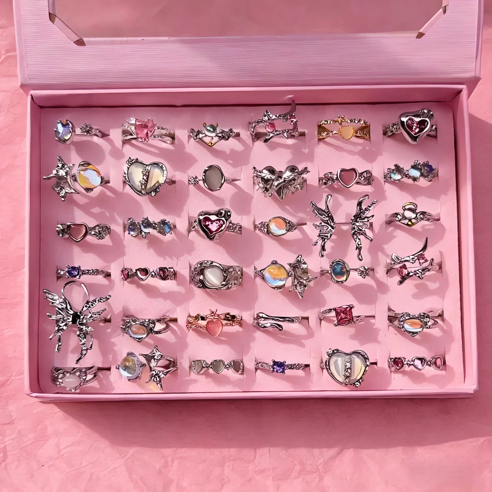 10/15/20Pieces Fashion Pink Rhineston Ring Set For Women Mix Butterfly Heart Love Open Adjustion Daily Jewelry Party Gifts