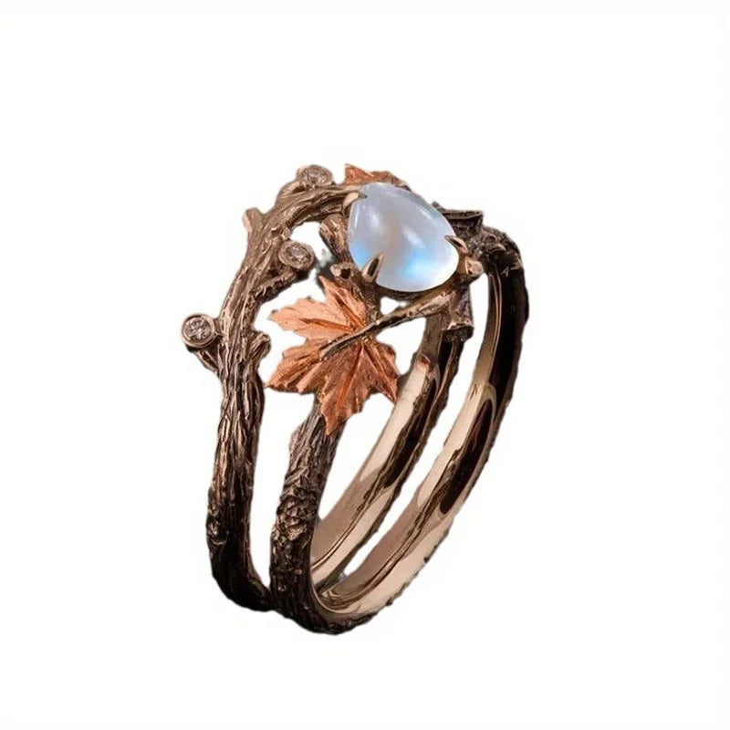 1pcs Vintage Maple Leaf Moonstone Ring Perfect for Daily Wear & Parties