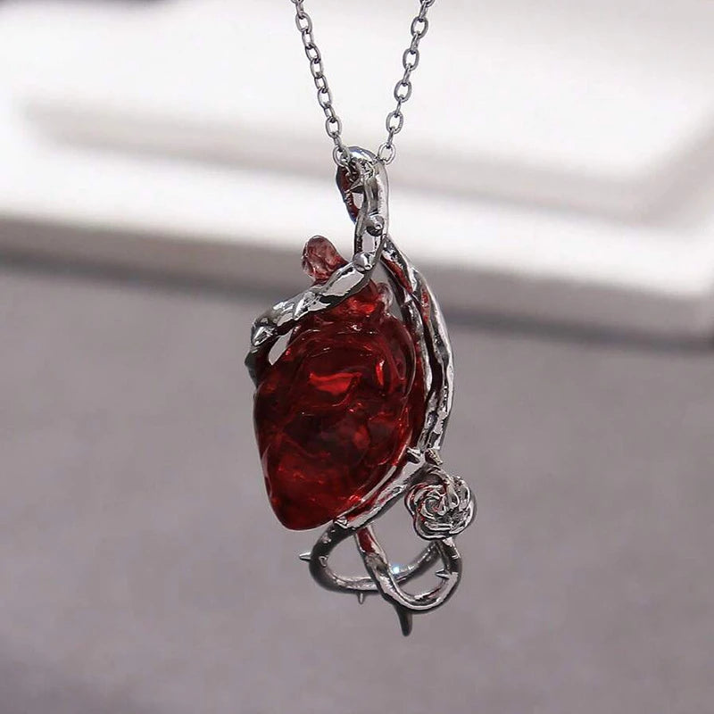 Dark Red Crystal Flower Thorns Pendant Necklace for Women Unisex Gothic Punk Love Heart Skeleton Skull Choker Halloween Jewelry