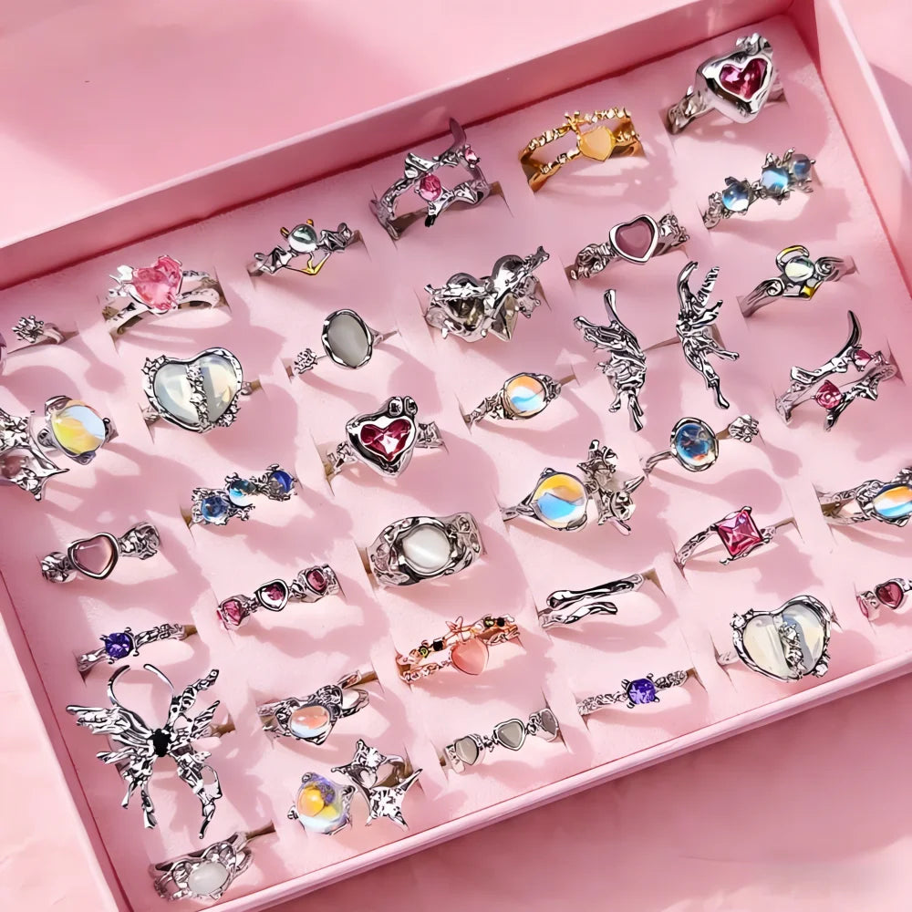 10/15/20Pieces Fashion Pink Rhineston Ring Set For Women Mix Butterfly Heart Love Open Adjustion Daily Jewelry Party Gifts