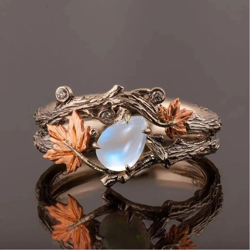 1pcs Vintage Maple Leaf Moonstone Ring Perfect for Daily Wear & Parties