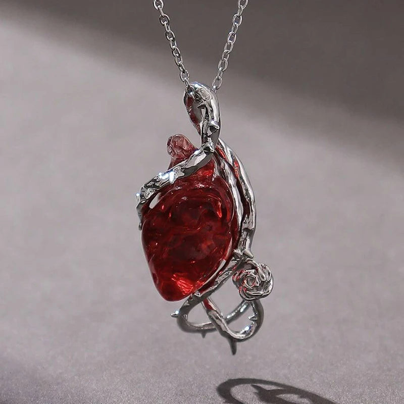 Dark Red Crystal Flower Thorns Pendant Necklace for Women Unisex Gothic Punk Love Heart Skeleton Skull Choker Halloween Jewelry