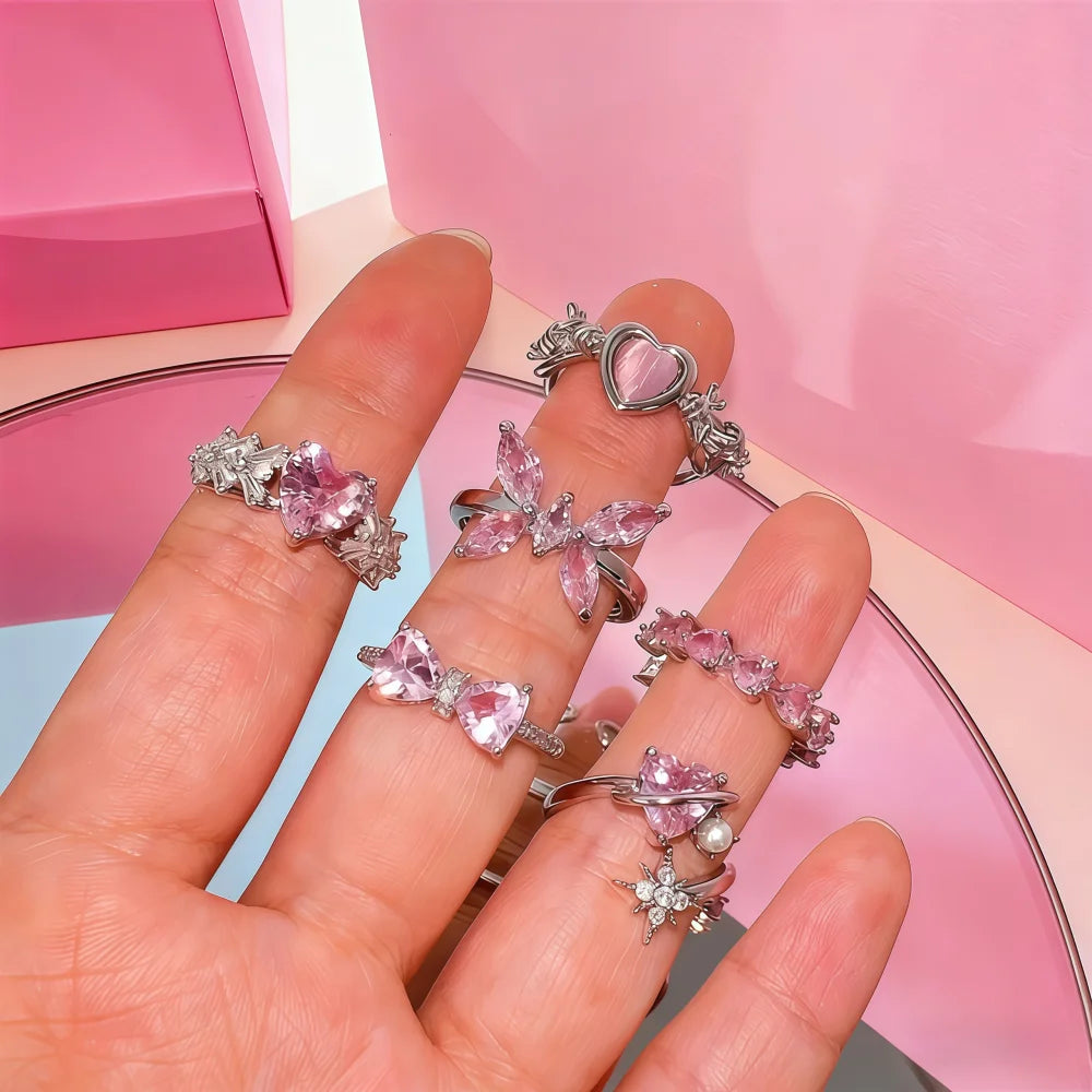 10/15/20Pieces Fashion Pink Rhineston Ring Set For Women Mix Butterfly Heart Love Open Adjustion Daily Jewelry Party Gifts