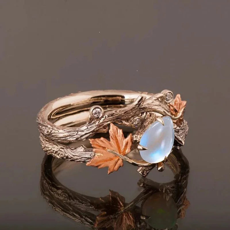 1pcs Vintage Maple Leaf Moonstone Ring Perfect for Daily Wear & Parties