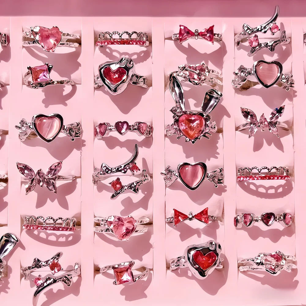 10/15/20Pieces Fashion Pink Rhineston Ring Set For Women Mix Butterfly Heart Love Open Adjustion Daily Jewelry Party Gifts
