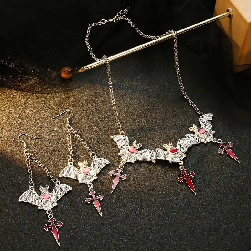 Halloween Gothic Vampire Bat Necklace Earring Set Red Cross Bat Pendant Necklace Drop Earrings For Woman Jewelry Gift Cool Style