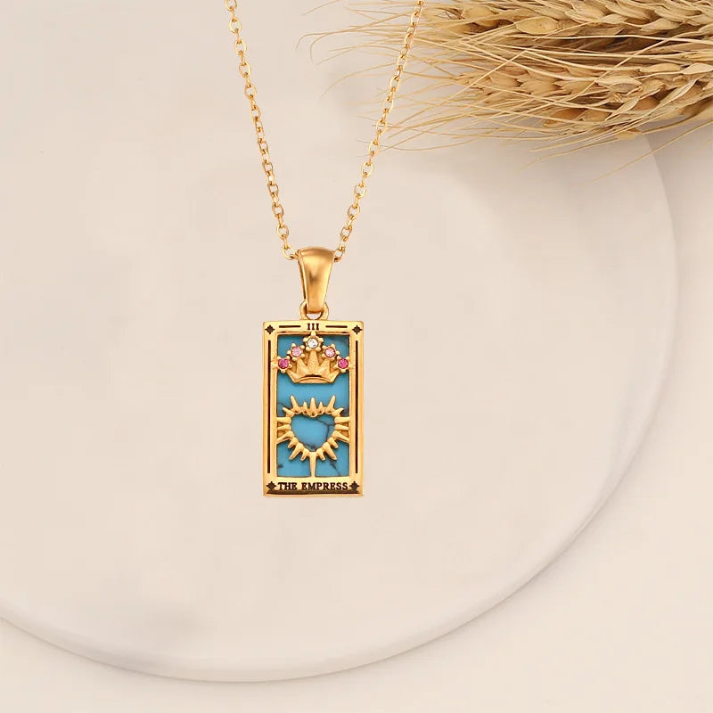 YILUOCD Original Zirconia Tarot Card Necklace Classic Tarot Queen Lover Magician Moon Wealth Amulet Stainless Steel Jewelry