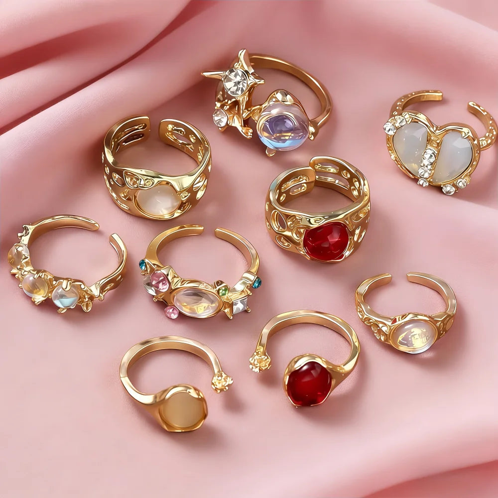 10/15/20Pieces Fashion Pink Rhineston Ring Set For Women Mix Butterfly Heart Love Open Adjustion Daily Jewelry Party Gifts