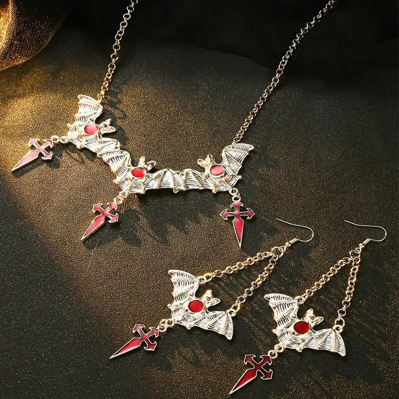 Halloween Gothic Vampire Bat Necklace Earring Set Red Cross Bat Pendant Necklace Drop Earrings For Woman Jewelry Gift Cool Style