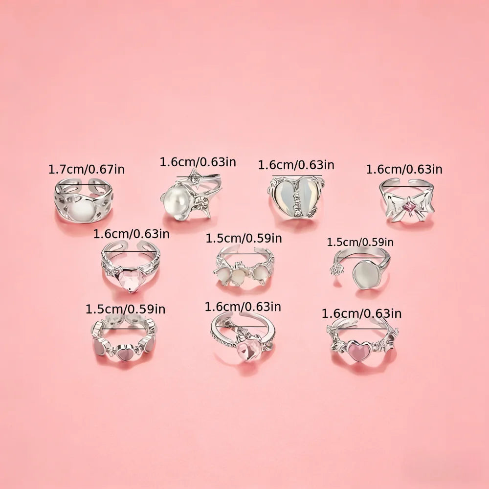 10/15/20Pieces Fashion Pink Rhineston Ring Set For Women Mix Butterfly Heart Love Open Adjustion Daily Jewelry Party Gifts