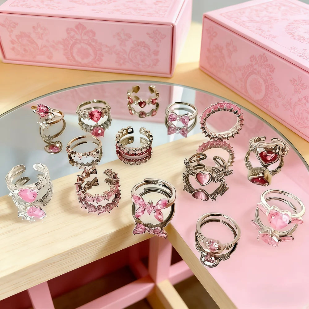 10/15/20Pieces Fashion Pink Rhineston Ring Set For Women Mix Butterfly Heart Love Open Adjustion Daily Jewelry Party Gifts