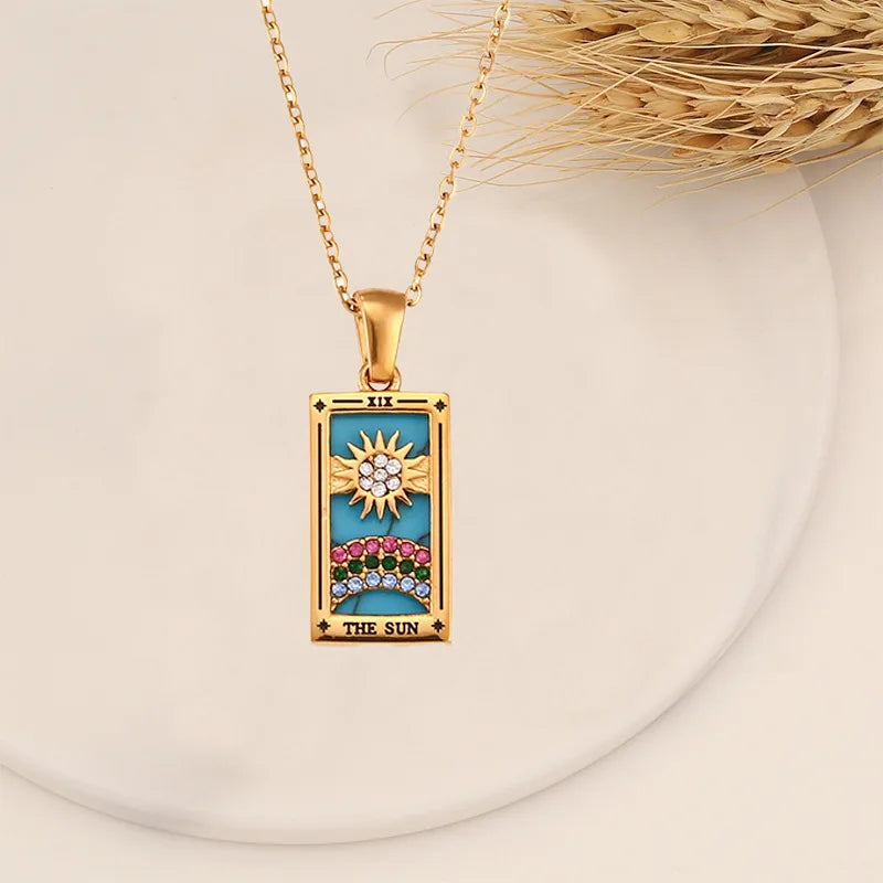 YILUOCD Original Zirconia Tarot Card Necklace Classic Tarot Queen Lover Magician Moon Wealth Amulet Stainless Steel Jewelry