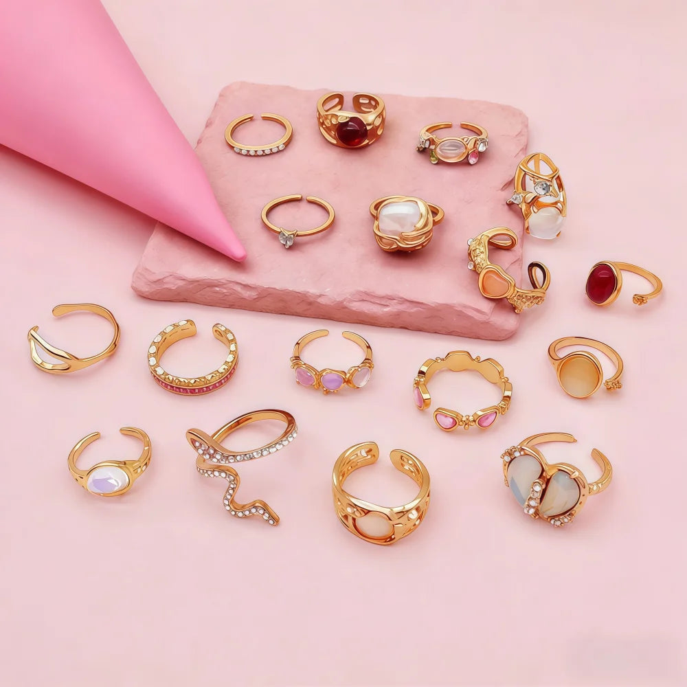 10/15/20Pieces Fashion Pink Rhineston Ring Set For Women Mix Butterfly Heart Love Open Adjustion Daily Jewelry Party Gifts