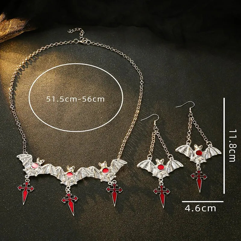 Halloween Gothic Vampire Bat Necklace Earring Set Red Cross Bat Pendant Necklace Drop Earrings For Woman Jewelry Gift Cool Style